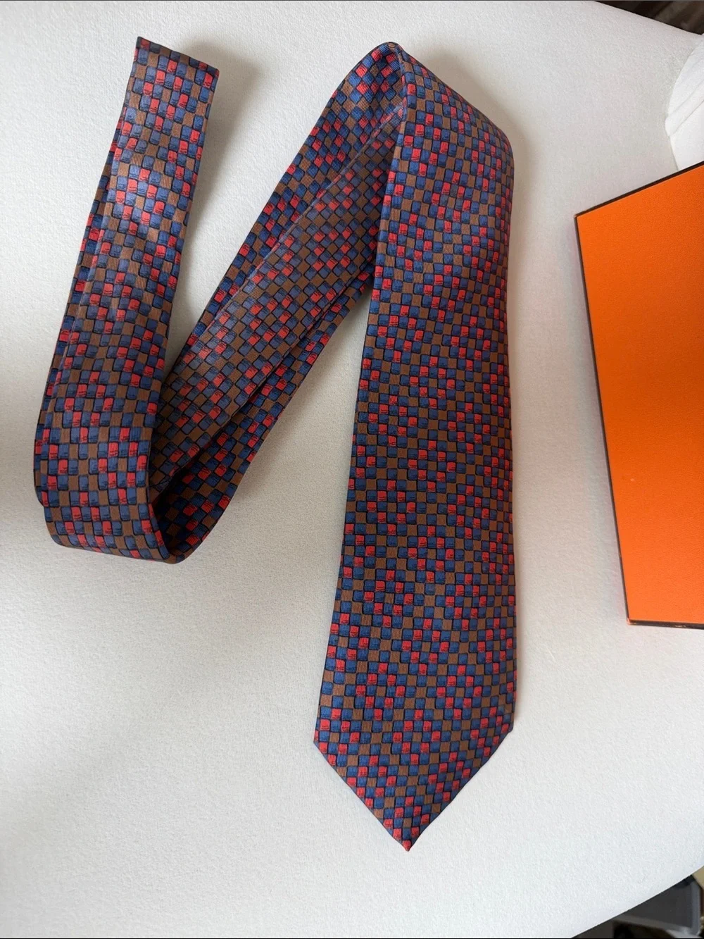 Hermès Paris Silk Tie Blue Red Geometric Check Pattern Luxury Made in France Box
